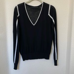 NWOT L.A.M.B. Linen/Rayon Lightweight V-Neck Sweater in Black with White Stripe